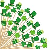 100 Pcs St Patrick's Day Shamrock Cocktail Sticks Irish Green Hat Beer Clover Cupcake Toppers Disposable Party Shamrock Toothpicks for St. Patrick's Day Decoration Party(Shamrock Style)