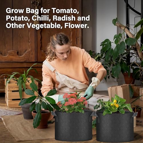 XHYASD 5 Stück Pflanzsack, 20 L Stofftopf mit Starken Griffen, pflanzsäcke für Draussen für Kartoffeln, Tomaten und Blumen (Schwarz, 5 Gallonen)