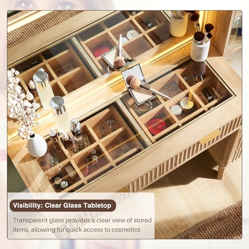 Image of T4TREAM 48 inch Fluted Makeup Vanity Desk with 36 inch Lighted Mirror, Oak