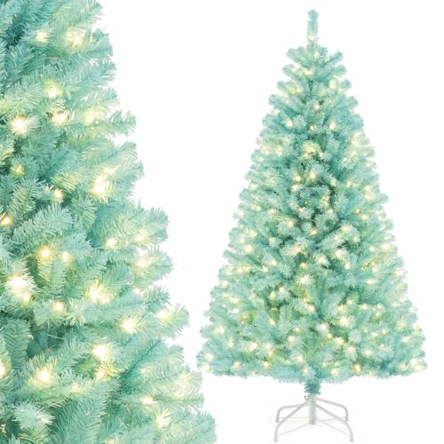 Costway 1.8M Blue Artificial Christmas Tree, Pre-Lit Hinged Xmas Tree w/ 758 Lush Branch Tips, 280 Warm White LED Lights, Foldable Metal Stand, Holiday Full Tree for Seasonal Home Office Decoration
