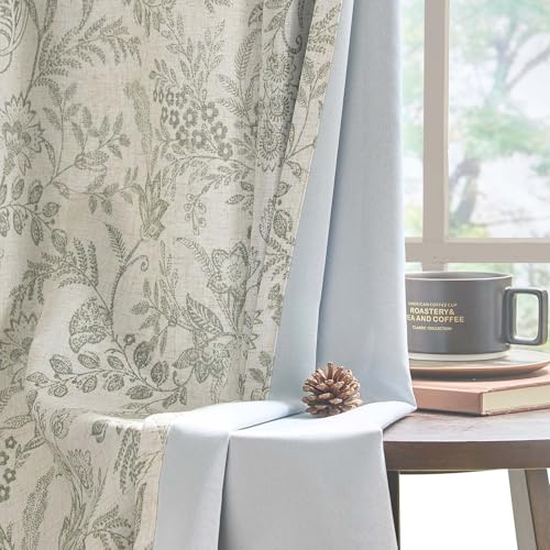 Lazzzy Linen Farmhouse Lined Curtains Green Floral 84 Inch Length Back Tab Drapes for Living Room Bedroom Flower Patterned Country Vintage 2 Panels Set Rod Pocket Green on Beige by Lazzzy - Used condition - US$22.52