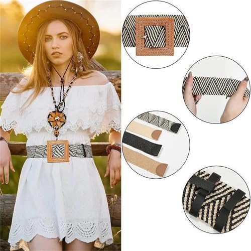 Fashion Vintage Boho Straw Woven Belt, Braided Belt Women's Round Square Buckle Dress Long Gown Decorative Belt.2