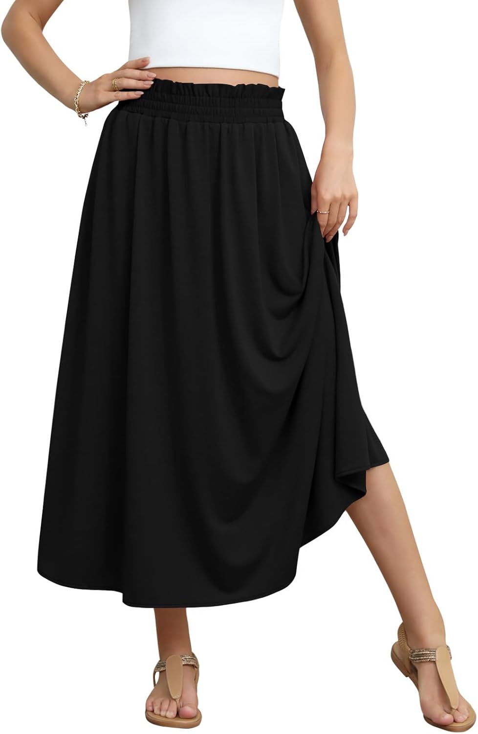 DouBCQ Womens Long Skirt Casual Elastic High Waist Flowy Pleated Maxi Skirts with Pockets - Image 5