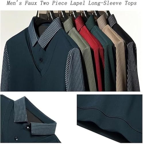 Men's Striped Lapel Fake Two-Piece Shirt, Men's Faux Two Piece Lapel Long-Sleeve Tops, Shirt for Men,Polo Shirts3