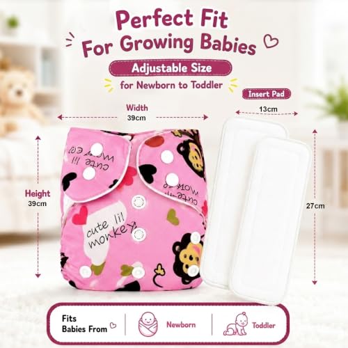 Image of GLUN Adjustable Reusable Baby Cloth Diaper with 2 Absorbent Inserts, Waterproof & Washable Pocket Nappy, Soft Comfortable Fit for Infants and Toddlers, Pink Monkey Print