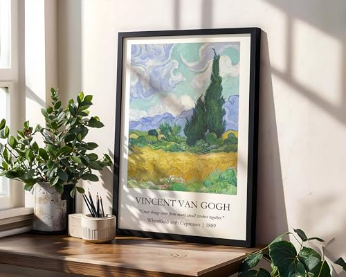Image of Waltractive Vincent Van Gogh Paintings Framed Poster with Beautiful Quotes - Available in 33x22 and 48x33 CM - Classic Art Poster with sleek Black Frame - Elegant Home and Office Decor (Wheatfield with Cypresses, 9x13 Inch, Framed)