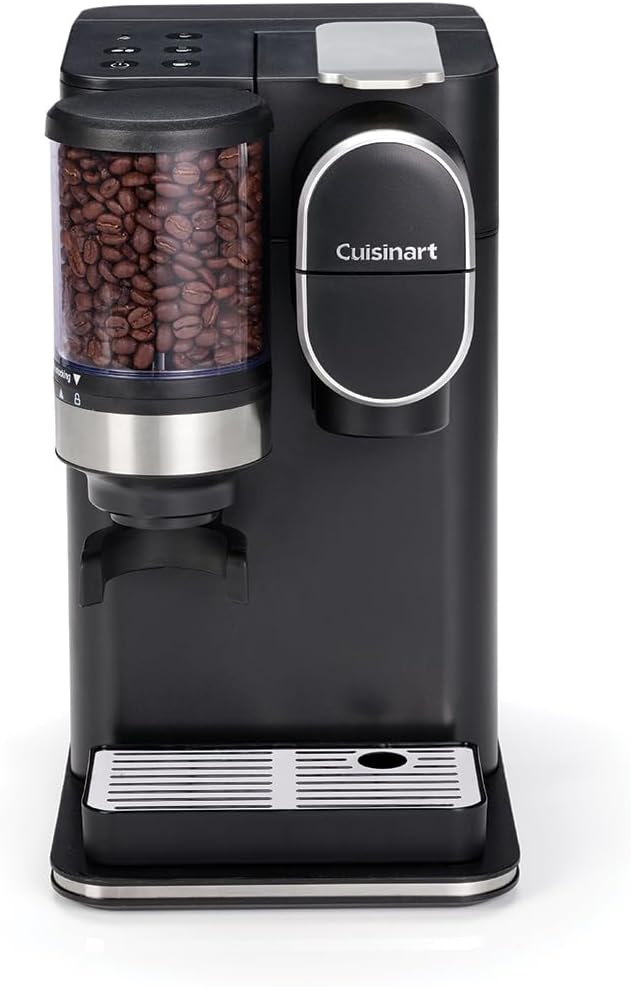 Single Cup Coffee Machine, Ground and Brewed, Single Serve Filter Coffee, Built-in Stainless Steel Cone Grinder, 3 Cup Sizes, Reusable Filter Capsule, Black