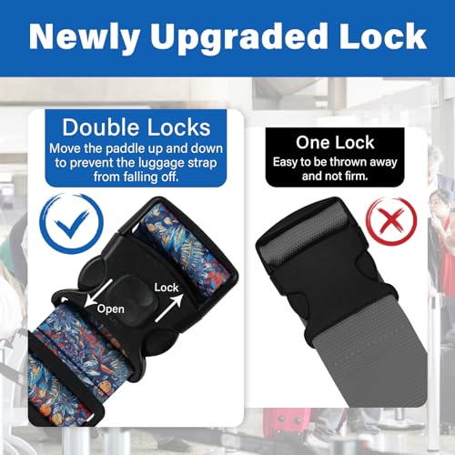 Image of Luggage Straps for Suitcases, Travel Adjustable Belt with Quick Release Buckle, Heavy Duty Nylon Bag Packing Strap, Unique Bright Identifiers Business Travel Accessories (2 Pack) - Blue Flowers