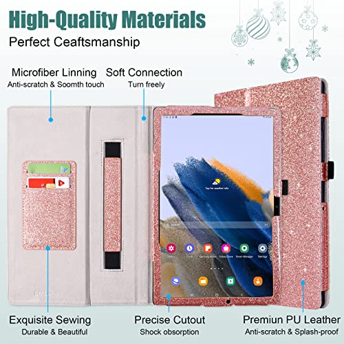 Dmluna Case For Samsung Galaxy Tab A8 10.5 Inch 2022 Sm-X200/X205/X207, Slim Pu Leather Smart Protective Cover Folio, With Folding Stand, Auto Wake/Sleep, Hand Strap, Card Slots, Glitter Rose #TOP4