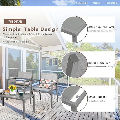 Image of Vongrasig 4 Pieces Patio Furniture Sets,Outdoor Patio Conversation Sets with Glass Coffee Table, Small Porch Balcony Furniture, Patio Table and Chairs Set for Garden, Backyard (Silver)