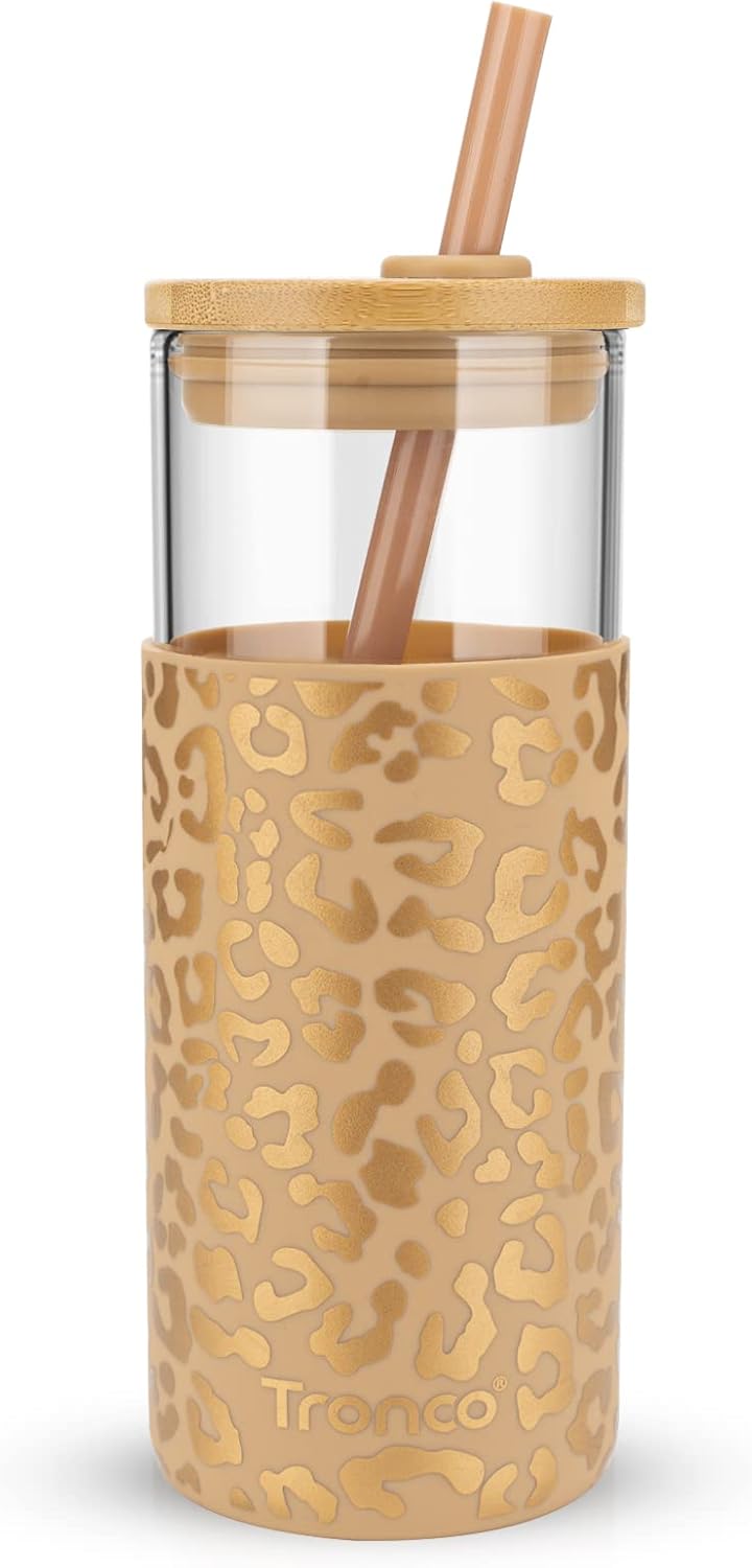 Tronco 20 oz Glass Tumbler with Lid and Straw, Iced Coffee Cup and Smoothie Cup with Bamboo Lids & Protective Silicone Sleeve, Dishwasher Safe, BPA-Free, Glass Cup 1 Pack