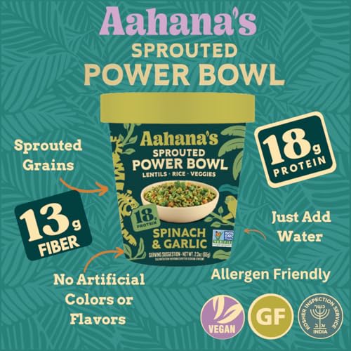 Aahana’s Spinach & Garlic Sprouted Power Bowl - Gluten-Free Plant-Based Instant Meal with Sprouted Lentils and Grains - 18g Protein, 12g Fiber, Vegan, Non-GMO, Kosher - Ready in 5 Minutes (6 Pack) - Thumbnail 3