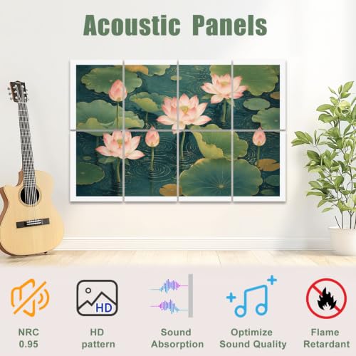 8 Paquetes de Paneles Acústicos Decorativos con Flores de Loto Rosas Elegantes, Hojas Verdes, Agua Calmante – Paneles Absorbentes de Sonido para Estudio de Grabación y Oficina 48"x32" miniatura 3