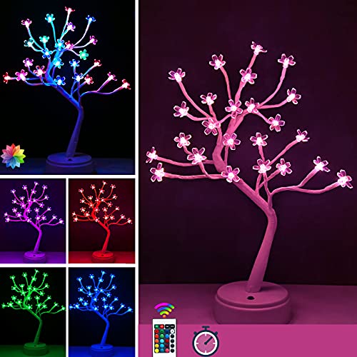 17" Cherry Blossom Tree Light with Timer Function, 16 Color Changing LED Japanese Sakura Flower Lights, USB Battery Powered Bedside Table Lamp for Night Light,Gift for Girls,Women,Mother, Room Decor