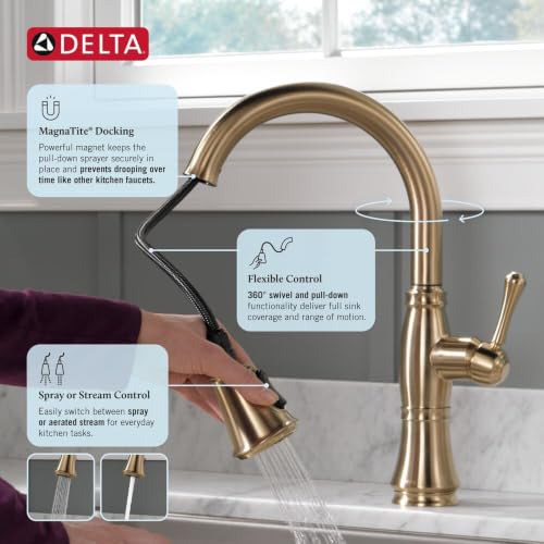 Delta Faucet Cassidy Gold Kitchen Faucet, Kitchen Faucets with Pull Down Sprayer, Kitchen Sink Faucet, Gold Faucet for Kitchen Sink with Magnetic Docking, Lumicoat Champagne Bronze 9197-CZ-PR-DST - image 8