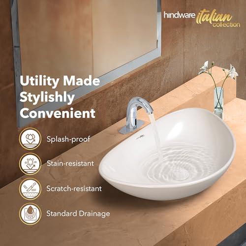 Image of Hindware Italian Collection Essence Table Top Wash Basin for Bathroom | Made of Ceramic | Star White | Oval Shape | Over the Counter Basin