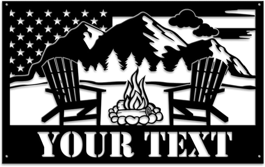 MeMate Outdoor Decor - US Flag Metal Sign with Mountain, Personalized for Backyard Porch Deck, Custom Name Signs for Garden Pool, Large for Outside, Housewarming Gift