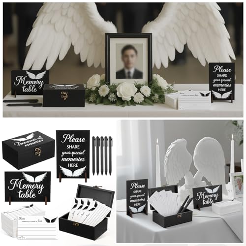 Image of Gilprop 112 Pcs Celebration of Life Memory Cards Set Share a Memory Cards with Box 2 Wood Sign with 4 Hold and 5 Pens, Sympathy Memorial Gifts Funeral Keepsake Decorations(Angel)