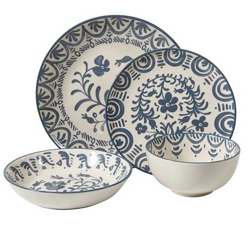 Image of Bloomhouse - 2-Time Oprah's Favorite Things - Valencia Flor 16 Piece Dinnerware Set, Artisanal Decorated Stoneware Plates & Bowls, Service for 4, Microwave & Dishwasher Safe, Iris Blue