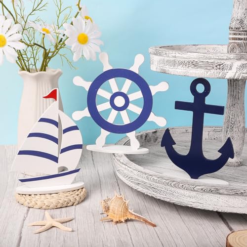 COCHIE Wooden Anchor Nautical Decorations Set of 3, Double-Sided Summer Nautical Tiered Tray Decor, Wood Cruise Anchors Sign for Tabletop, Home, Office, Desk, Shelf, Party Decoration (Sailboat) - Image 5