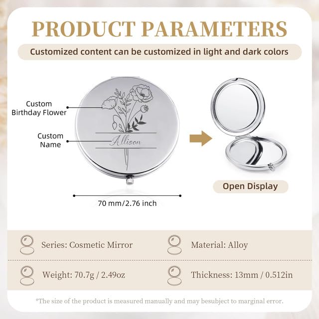 Rainsar Personalized Compact Mirror for Women,Customize Compact Mirror,Engraved Compact Mirror for Girlfriend Wife Sisters Birthday Anniversary Wedding Gift