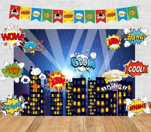 Kailinst Superhero Birthday Party Backdrop Kit Includes Super Hero City Backdrop 5x3FT 6Pcs Hero Party Paper Stickers and 12Pcs Superhero Banner Boys Birthday Photo Background Decoration Supplies