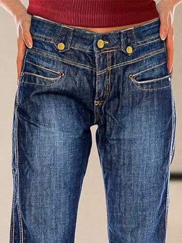 Flamingals Straight Leg Mid Rise Boyfriend Wash Stitch Multi Button Roll Hem Jeans2