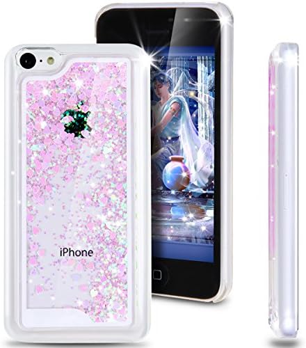 iPhone 5C Case, iPhone 5C [Bling Case], [Glitter Case] for iPhone 5C, Creative Design Flowing Glitter Floating Luxury Bling Glitter Sparkle Love Heart Hard Case for iPhone 5C,Love:Blue+Pink