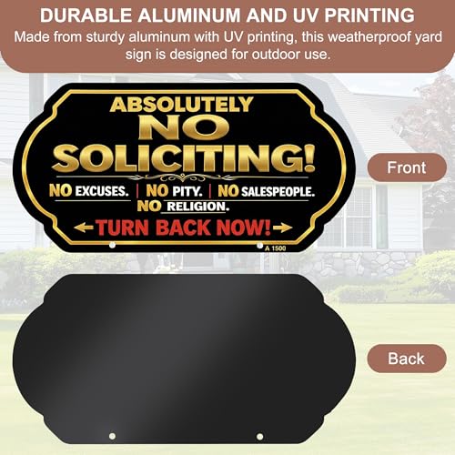 Image of Absolutely No Soliciting Sign for House, 10 x 5 Inch Yard Sign with Stake | Aluminum No Soliciting Yard Sign with Adjustable Stake, UV Printed Weatherproof Outdoor Sign for Home and Property