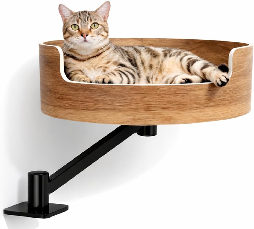 Desk Cat Bed, Elevated Cat Bed for Desk, Space-Saving Cat Hammock for Home Office, Stable & Comfortable Perch for Indoor Cats，Walnut Wood Finish