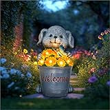 HundRare Solar Garden Decor Dog Statue Outdoor Christmas Decorations Dog Figurine Light with Bucket for Outdoor Patio Balcony Yard Porch Lawn for Women Mom Grandma Family Friend