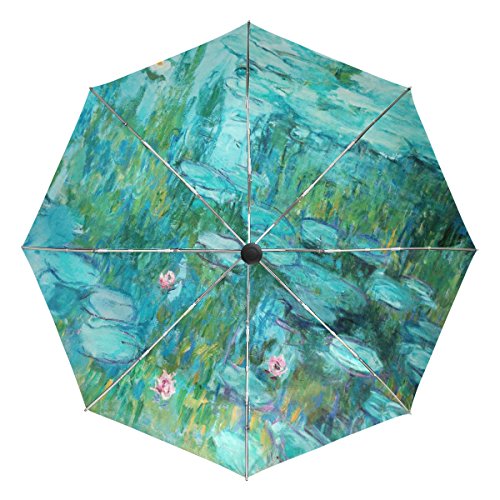 baihuishop Monet Painting Windproof Umbrellas Auto Open Close 3 Folding Golf Strong Durable Compact Travel Umbrella Uv Protection Portable Lightweight Easy Carrying and Slip-Proof Handle