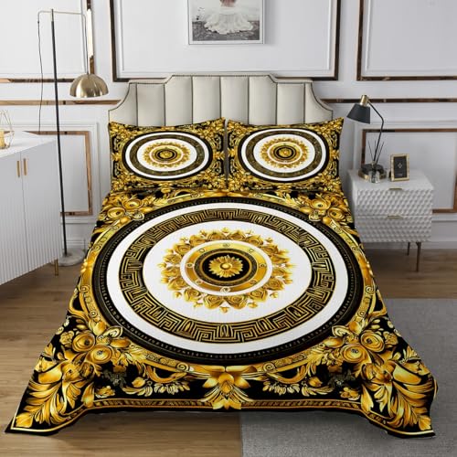 Baroque Geometric Coverlet Set Twin Size,Boho Mandala Golden Damask Floral Quilted Coverlet for Kids Teens,Tribal Vintage Antique Victorian Bedspread 2 Piece Quilt Set with 1 Pillow
