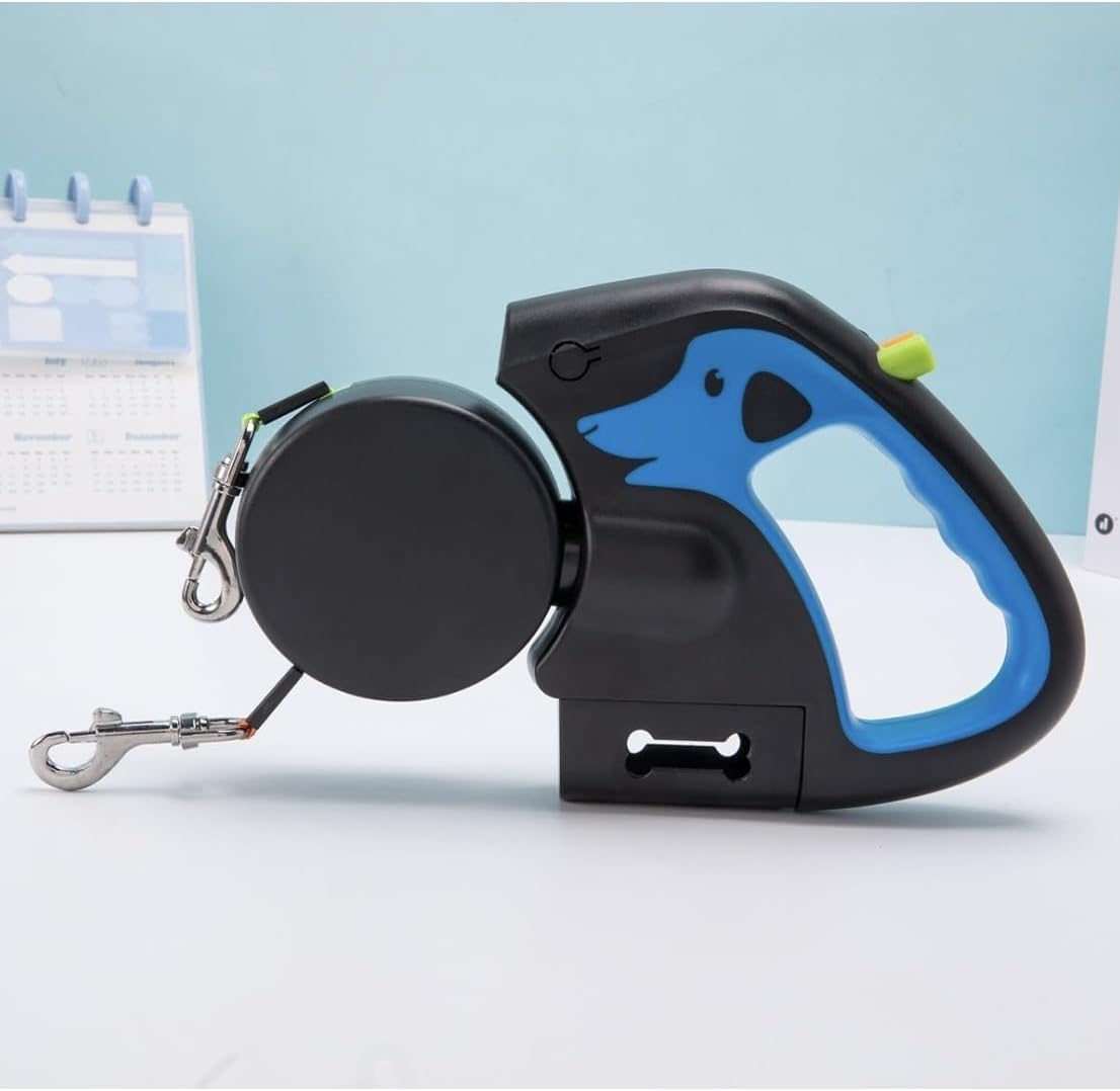 Retractable Double Dog Leash for 2 Dogs with 360 degrees Swivel，No Tangle 360 Technology, LED Flashlight, Poop Bag Holder, Reflective Leads for Safety,Dual Locking(Brown)(Blue)