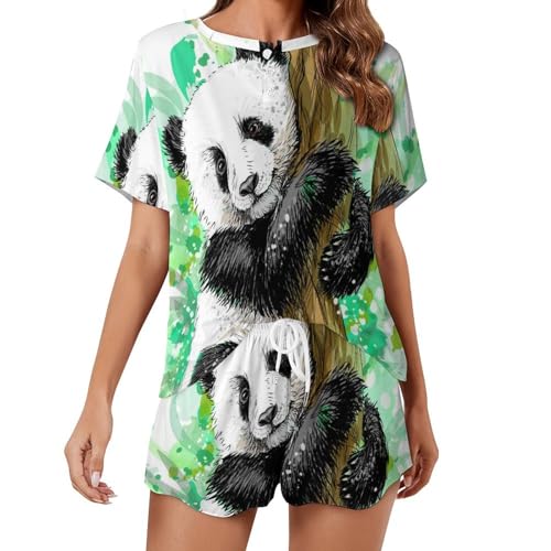 Ensemble pyjama femme manches courtes panda aquarelle vêtement de nuit ete