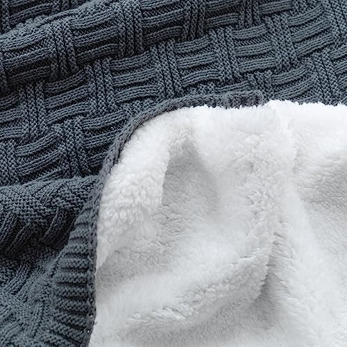 MYLUNE Home Sherpa Decke Baumwolle Strickdecke Öko-Tex 180x200cm 660GSM Dicke Kuscheldecke Flauschig Sofadecke Wohndecke Tagesdecke Bettüberwurf Warme Gehäkelte Decke Winter Blanket Anthrazit