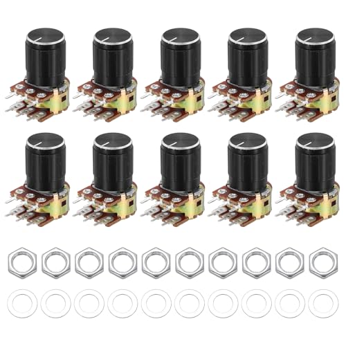 sourcing map 10 Set WH148 B10K Ohm Potentiometer Kit, 6-Pin Split Shaft Rotary Linear Dual Taper Rotary Audio Potentiometer with Knob Nut Washer for Audio Volume Control, 15mm Shaft, Black