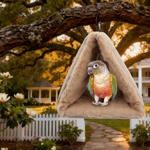 Image of Litewoo Bird Nest Bed for Parrot Warm Winter Hanging Hammock Hut, L, Beige | Soft plush cotton, sleeping hideaway for small-medium bird /parakeet /cockatiel, dual entrance, acrylic base, 11.4x7.5x7.5in