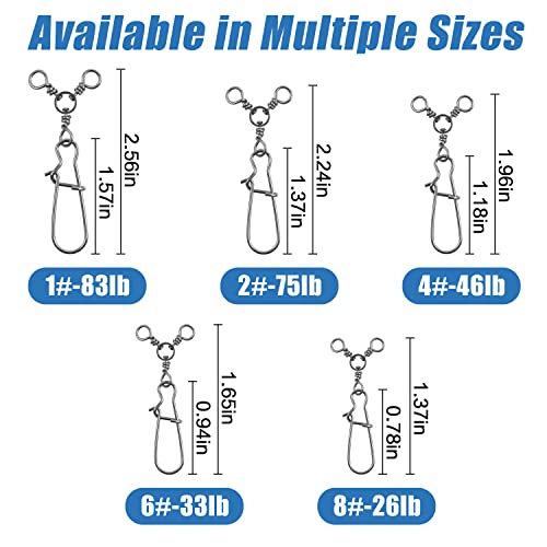 AGOOL Fishing 3 Way Swivel Snaps - 30pcs T-Turn Fishing Swivels Triple Swivels Cross Line Duo Lock Snap Swivels Fishing Lure Connectors Fishing Tackle for Trolling Catfish Rig Saltwater Freshwater
