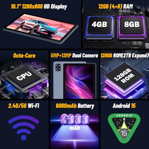 Image of JUNYANG Tablet, Android 15 Tablets 10.1 Inch with Octa-Core, 12GB+128GB+ 2TB Expand, Large HD Touchscreen Tablet PC for Adult with 5G WiFi, 8H Battery Life, Dual Camera for Gaming, Reading & Learning