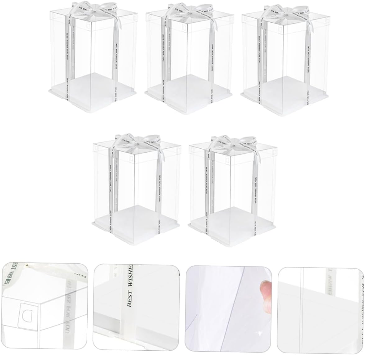 8-inch Birthday Cake Box 5pcs Set Tall Double-layer Cake Carrier with Ribbon Food-grade Plastic Storage Container for Bakery and Party Packaging