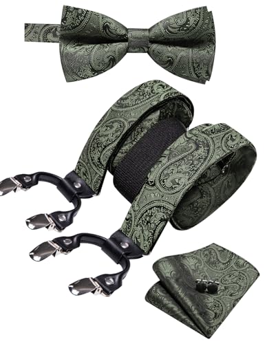 Image of YOHOWA Men Suspenders 6 Clips Strength Adjustable Y Braces Pre-Tied Bow Tie Set Formal Wedding Party
