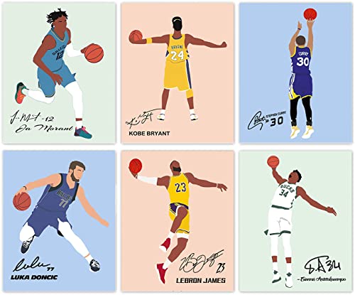 Inspirational Basketball Wall Art Prints, Abstract Basketball Stars Autograph Posters, Stephen Curry Lebron James Morant Giannis Canvas Art Print For Man Cave Boys Room Decor, 6 Set-(8"X10" Unframed) #TOP10
