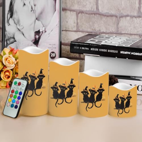 Image of Witch Black Cat Electric Flameless Candles Set of 4 | Halloween Battery Operated Candles with Remote Control, Electric Pillar Candles for Holiday Party Living Room Decorations