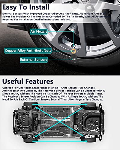 TPMS Reifendruckkontrollsystem 3,5 Zoll Kabellos Reifendrucküberwachungssystem 0,01Bar Hochpräzise Abnehmbare Solar/Typ-C Ladung TPMS Auto mit 4 Wasserdicht IP67-Reifendrucksensoren 14-87PSI