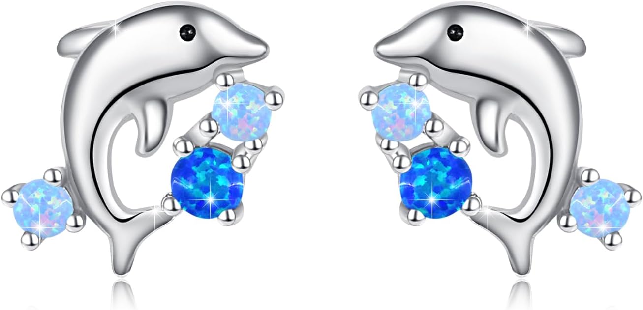 Sterling Silver Wave Dolphin Earrings - Women's Stud Earrings, Perfect Gifts for Dolphin Lovers