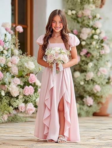 Clothfun Chiffon Flower Girl Dresses Puff Sleeves Junior Bridesmaid Dress A Line First Confirmation Dress CY2542