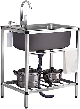 Freestanding Kitchen Sink for Washing Single Bowl Outdoor Camping Dish Washing Station Stand 304 Stainless Steel Utility Sinks for Indoor Garage Kitchen Laundry Room  Size 70*46*75cm/27*18*29in