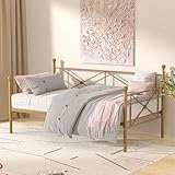 VECELO Twin Daybed Frame, Metal Day Bed with Stylish Headboard, Multifunctional Platform Beds for Bedroom, Guest Room, No Boxing Spring Needed, Golden