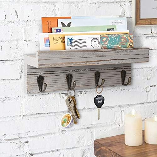 BESTOOL Mini Key Rack, Wooden Key Holder, Key Rack/Key Organiser/Hook Rack with Shelf, Wall Organiser with 4 Metal Hooks (Grey)